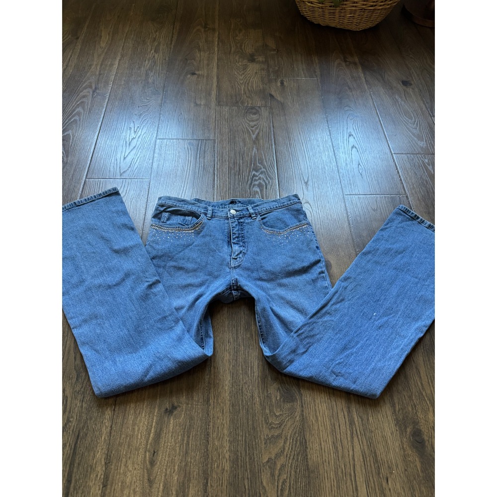 Christine Alexander Vintage Blue Rhinestone Embellished Flare Jeans Size 10